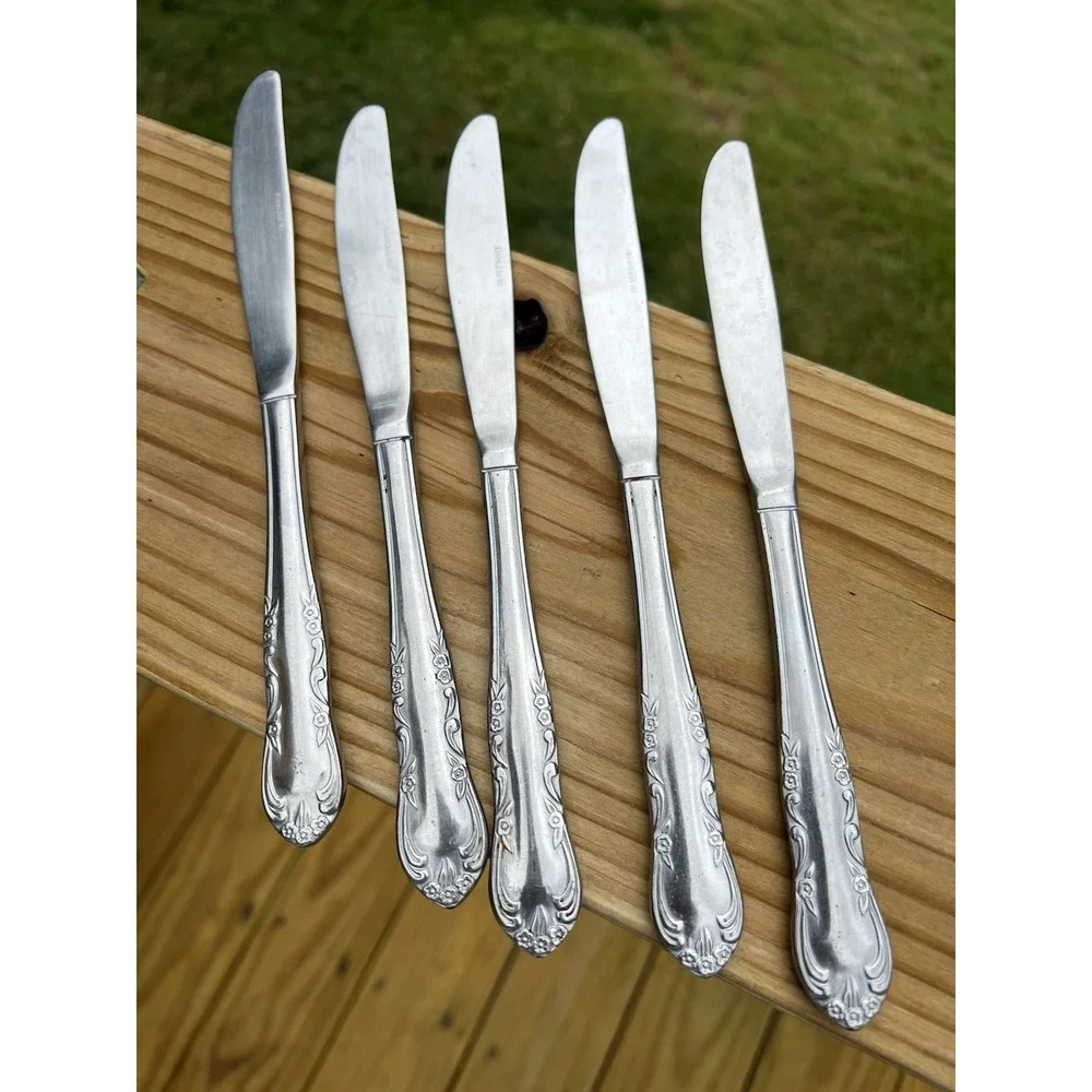 unknown FLORAL & SCROLL BORDER DINNER KNIVES SOLID HANDLE BY STAINLESS RI
